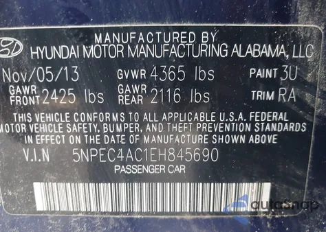 2014 Hyundai Sonata Se z USA, uszkodzony, nr VIN 5NPEC4AC1EH845690